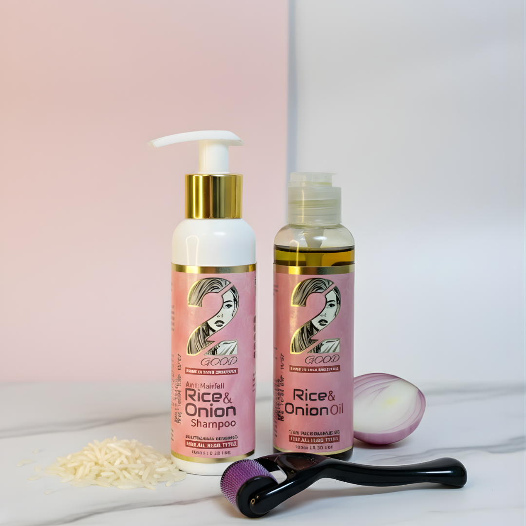 Rice & Onion Hair Growth Revival Bundle – Anti Hair Fall Kit (Shampoo + Oil) with FREE Derma Roller